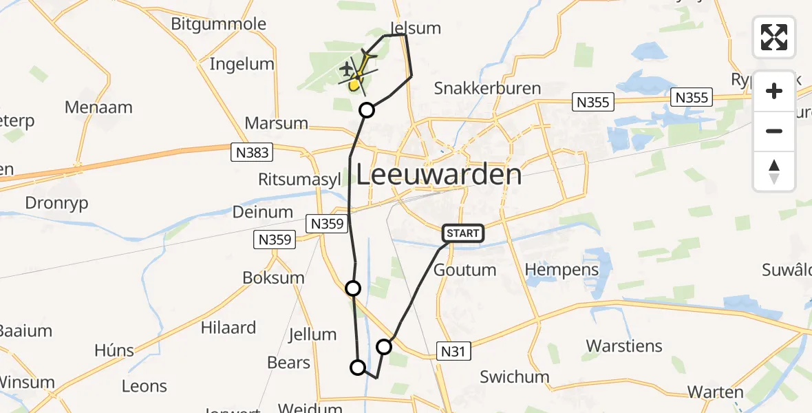 Vluchtroute Ambulancehelikopter van Leeuwarden naar Vliegbasis Leeuwarden