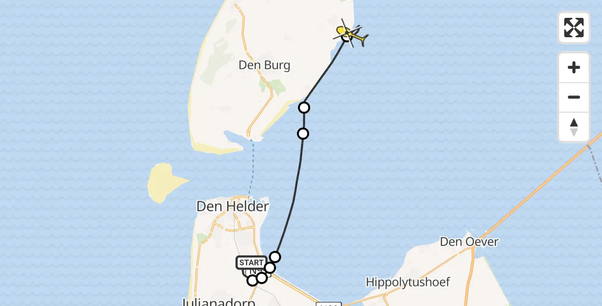 Routekaart van de vlucht: Kustwachthelikopter naar Oosterend, Maria's hoeve