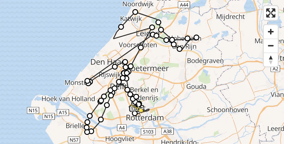 Routekaart van de vlucht: Politieheli naar Rotterdam The Hague Airport, Knooppunt Kleinpolderplein