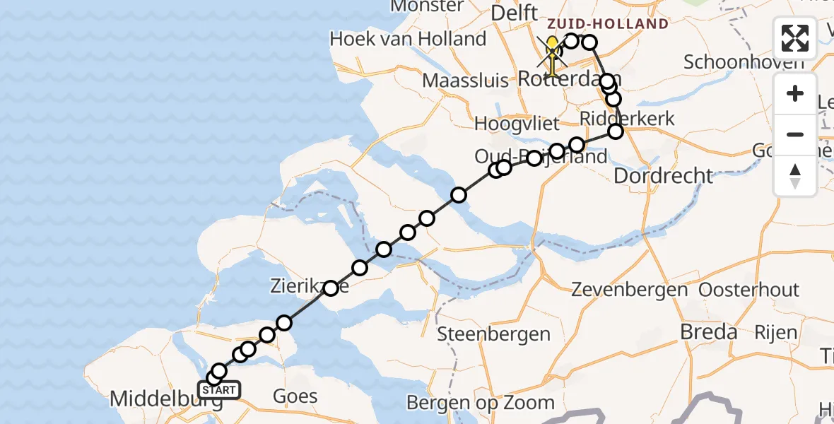 Routekaart van de vlucht: Kustwachthelikopter naar Rotterdam The Hague Airport, Oranjeplaatweg