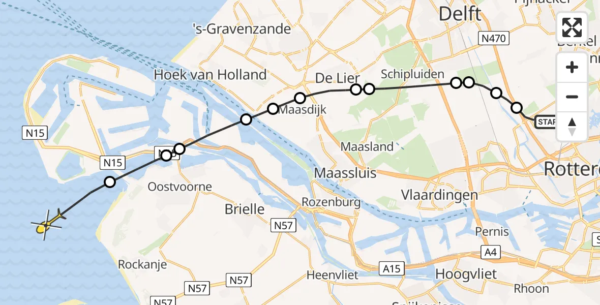 Routekaart van de vlucht: Kustwachthelikopter naar Rockanje