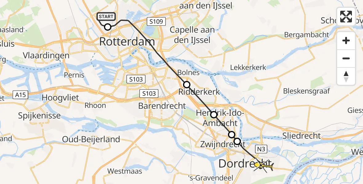 Routekaart van de vlucht: Lifeliner 2 naar Dordrecht, Rhijnsburgstraat