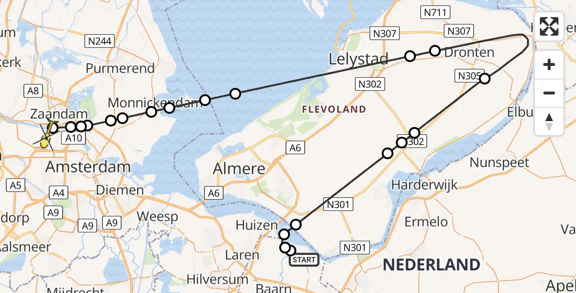 Routekaart van de vlucht: Lifeliner 1 naar Amsterdam Heliport, Eemdijk