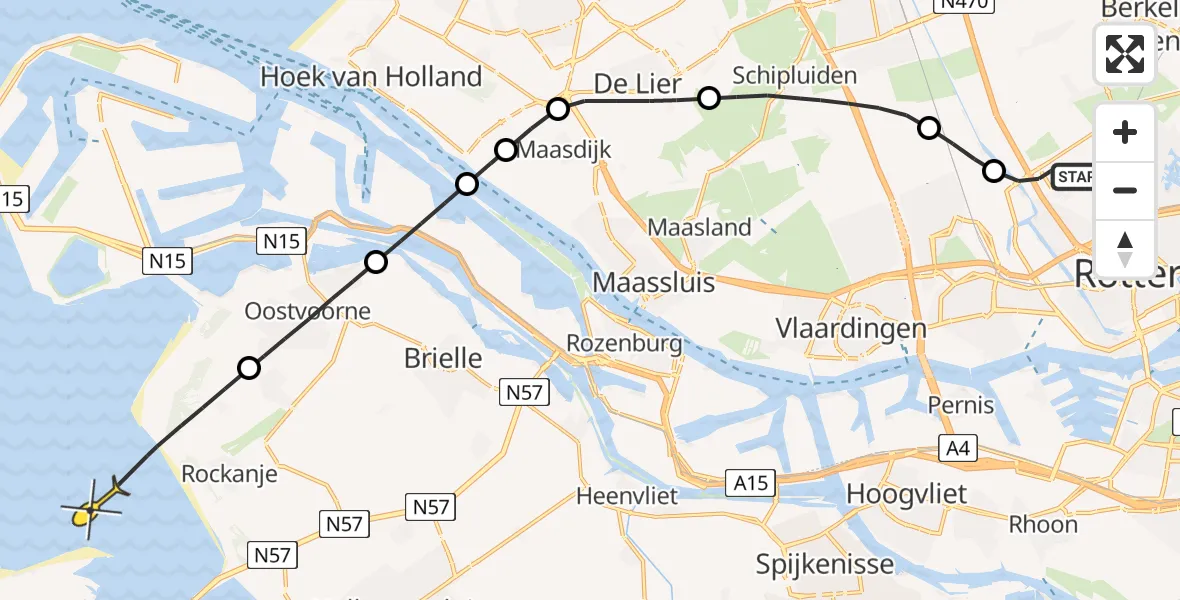 Routekaart van de vlucht: Kustwachthelikopter naar Rockanje, Delftweg