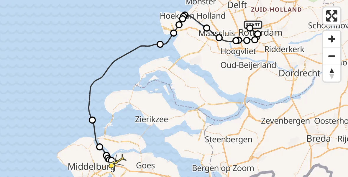 Routekaart van de vlucht: Kustwachthelikopter naar Vliegveld Midden-Zeeland, Calandweg