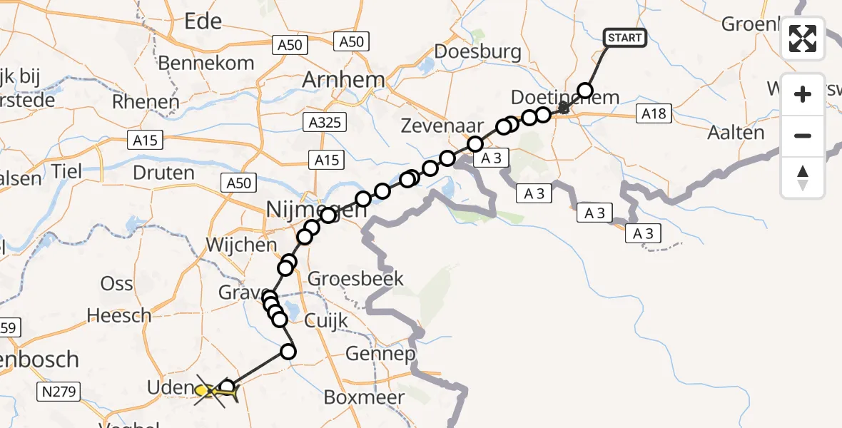 Routekaart van de vlucht: Politieheli naar Vliegbasis Volkel, Ruurloseweg