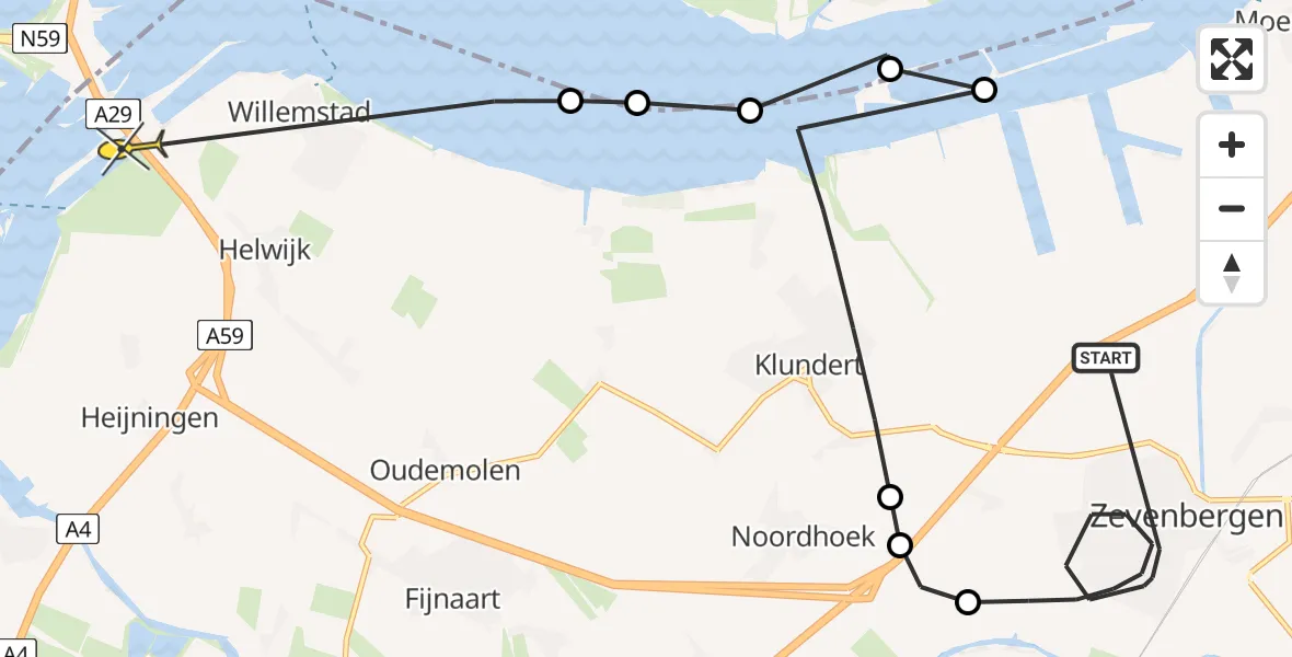 Routekaart van de vlucht: Politieheli naar Willemstad, Kuringen