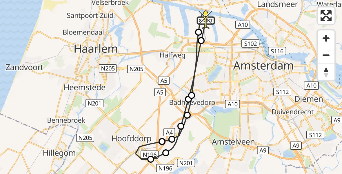 Routekaart van de vlucht: Lifeliner 1 naar Amsterdam Heliport, A-pier