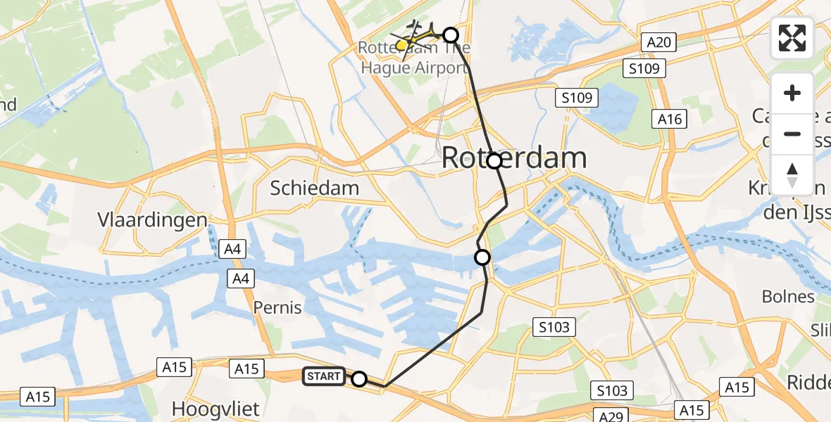 Routekaart van de vlucht: Politieheli naar Rotterdam The Hague Airport, Reeweg