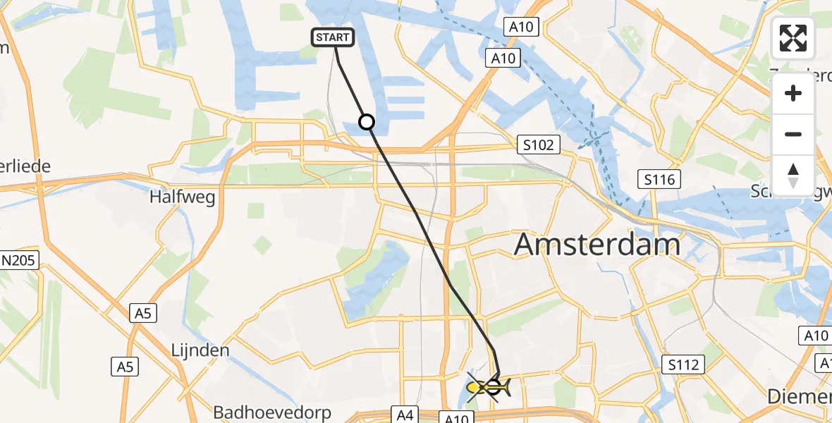 Routekaart van de vlucht: Lifeliner 1 naar VU Medisch Centrum Amsterdam, Corsicaweg