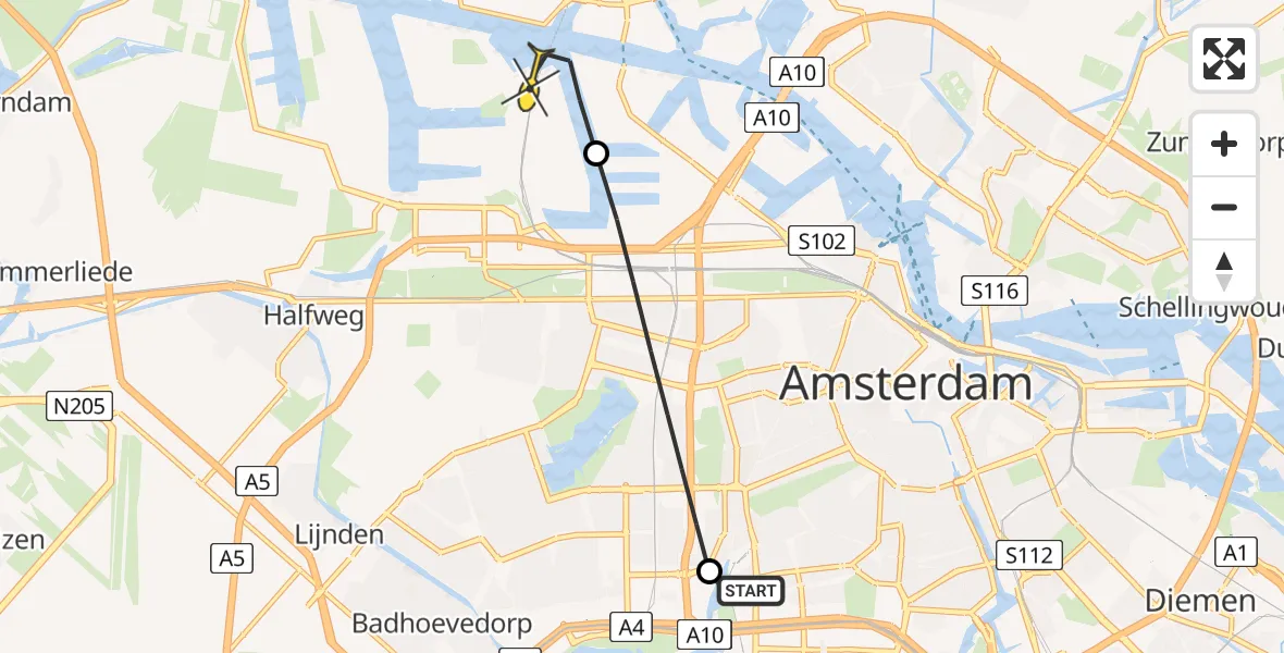 Routekaart van de vlucht: Lifeliner 1 naar Amsterdam Heliport, Hodenpijlkade