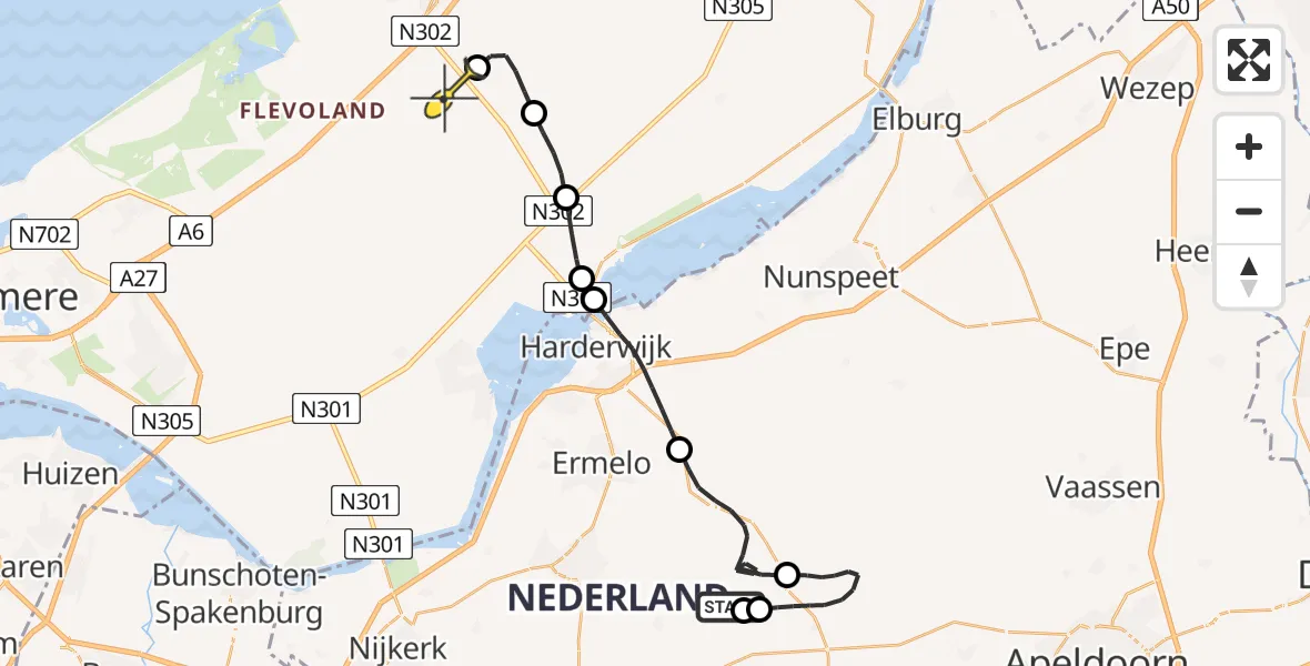 Routekaart van de vlucht: Politieheli naar Lelystad Airport, Houtdorperveld