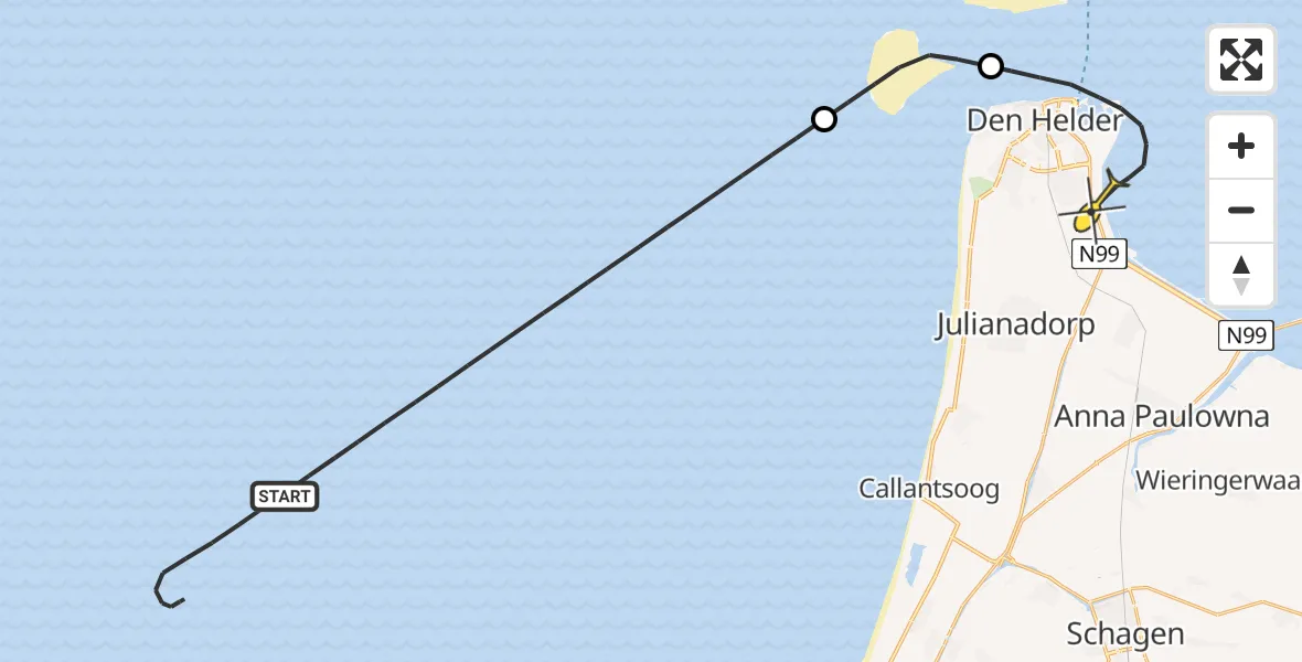 Routekaart van de vlucht: Kustwachthelikopter naar Vliegveld De Kooy, Oostoeverweg