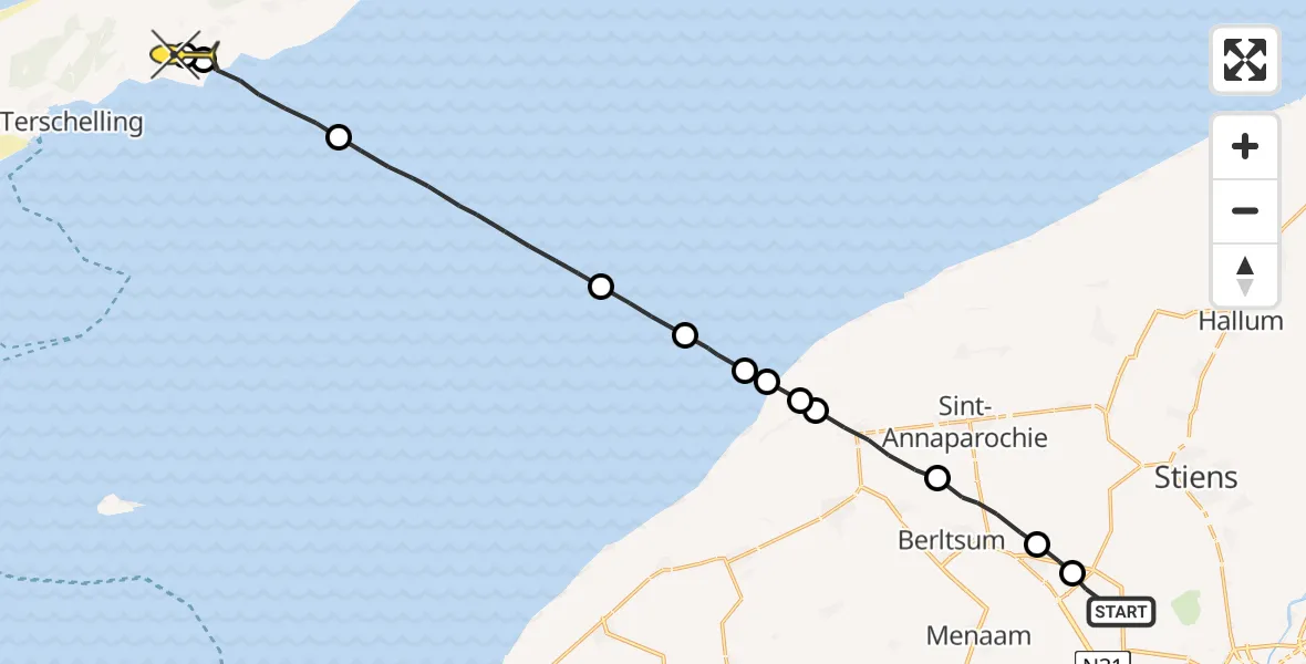 Routekaart van de vlucht: Ambulanceheli naar Midsland, Harnedyk