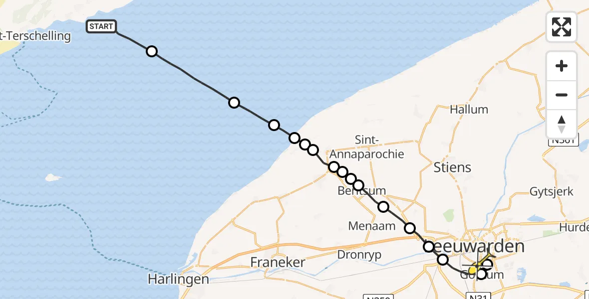 Routekaart van de vlucht: Ambulancehelikopter naar Leeuwarden, Borniastraat