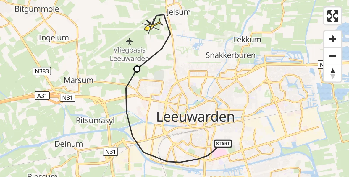 Routekaart van de vlucht: Ambulanceheli naar Vliegbasis Leeuwarden, Van Miereveltplantsoen