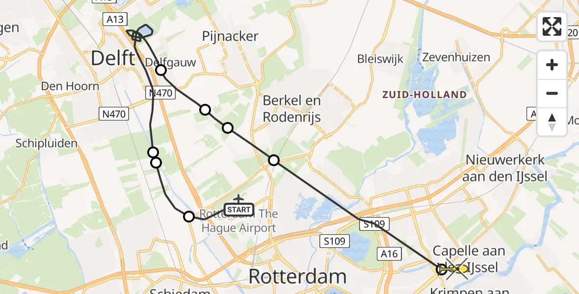 Routekaart van de vlucht: Politieheli naar Capelle aan den IJssel, Delftweg