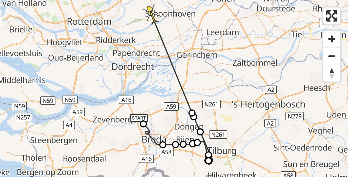 Routekaart van de vlucht: Politieheli naar Bergambacht, Hooijdonkseweg