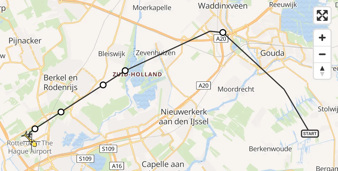 Routekaart van de vlucht: Politieheli naar Rotterdam The Hague Airport, Benedenkerkseweg