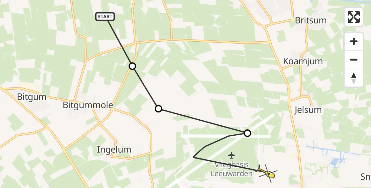 Routekaart van de vlucht: Ambulanceheli naar Vliegbasis Leeuwarden, Nijlânsdyk