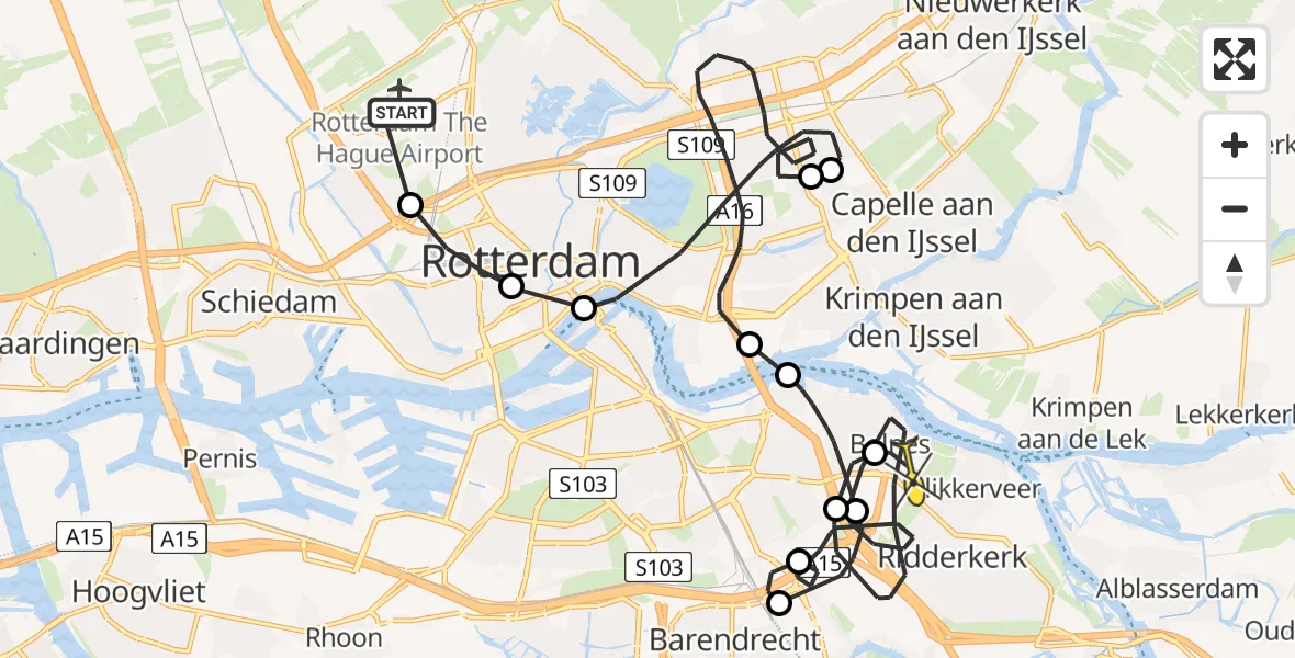 Routekaart van de vlucht: Politieheli naar Ridderkerk, Schansweg