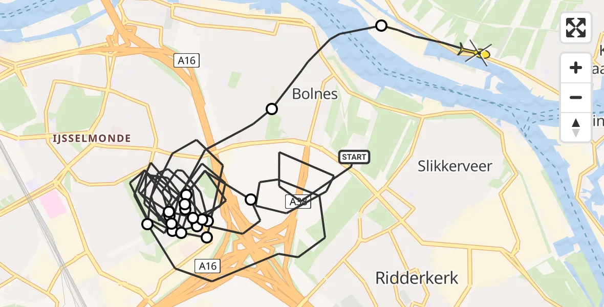 Routekaart van de vlucht: Politieheli naar Krimpen aan de Lek, Knooppunt Ridderkerk