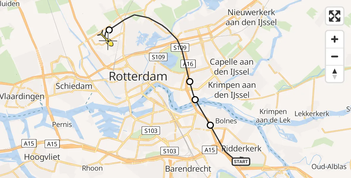 Routekaart van de vlucht: Politieheli naar Rotterdam The Hague Airport, Tollensstraat