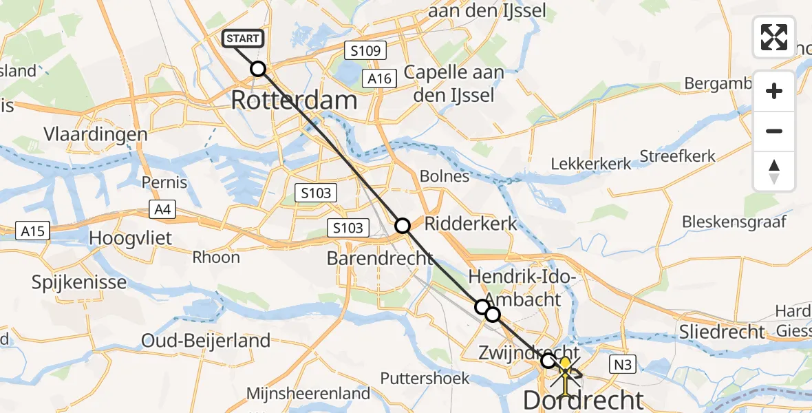 Routekaart van de vlucht: Lifeliner 2 naar Dordrecht, Rotterdam Airportplein