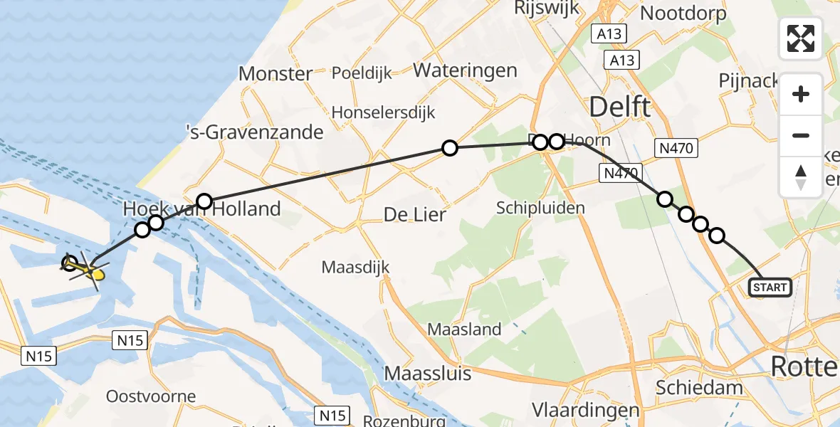 Routekaart van de vlucht: Politiehelikopter naar Maasvlakte Heliport, Schieveense polder