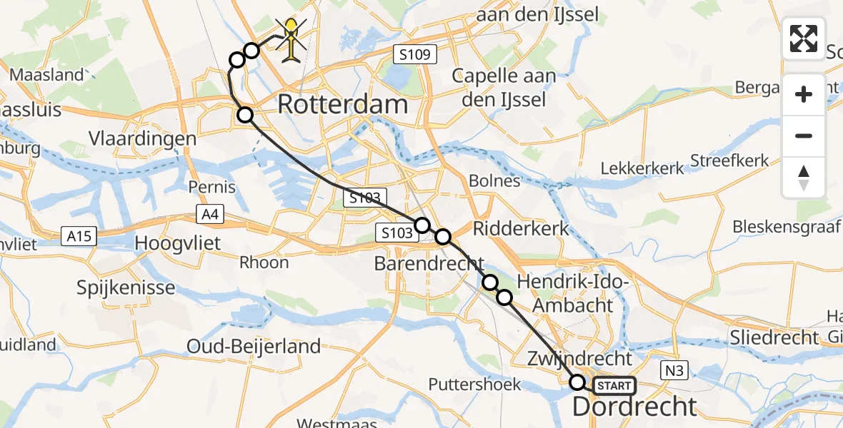 Routekaart van de vlucht: Lifeliner 2 naar Rotterdam The Hague Airport, 's-Gravendeelsedijk