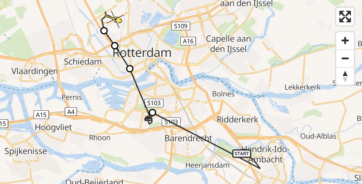 Routekaart van de vlucht: Politieheli naar Rotterdam The Hague Airport, De Veldoven