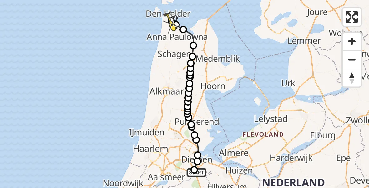 Routekaart van de vlucht: Kustwachthelikopter naar Vliegveld De Kooy, Tafelbergweg