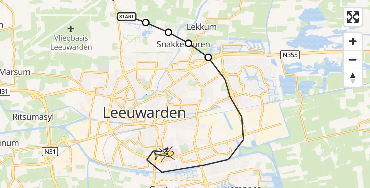 Vluchtroute Ambulancehelikopter van Vliegbasis Leeuwarden naar Leeuwarden