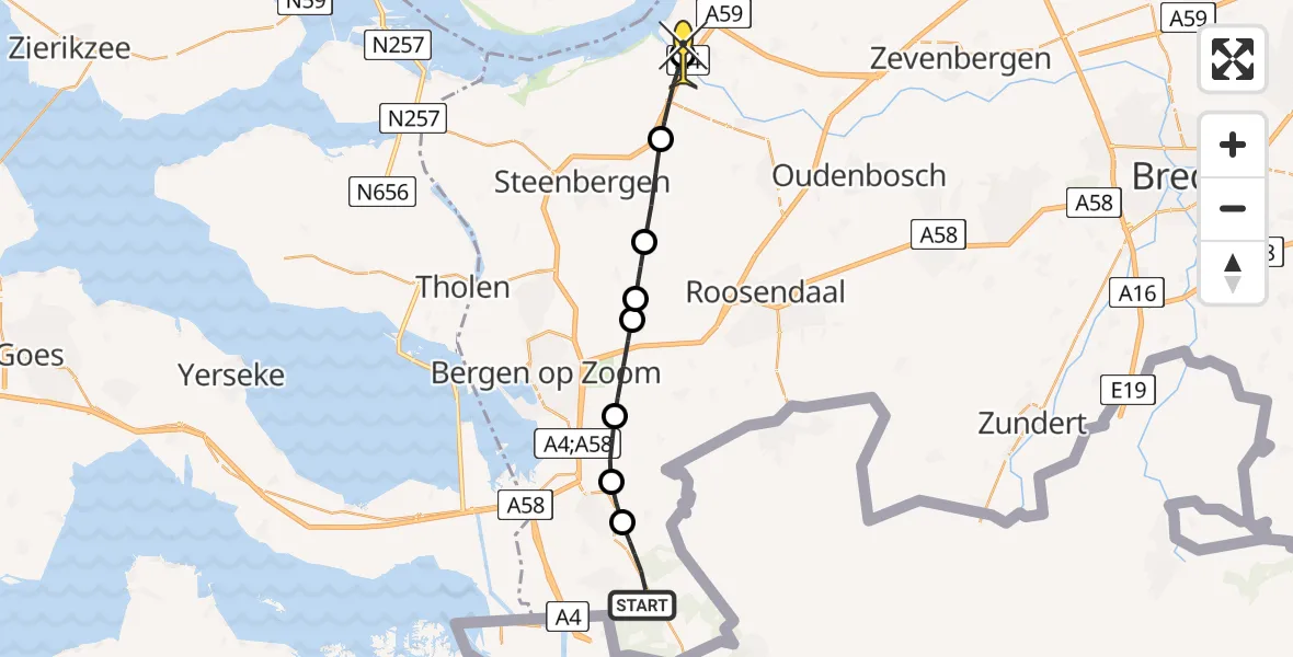 Routekaart van de vlucht: Politieheli naar Heijningen, Rauwvelde