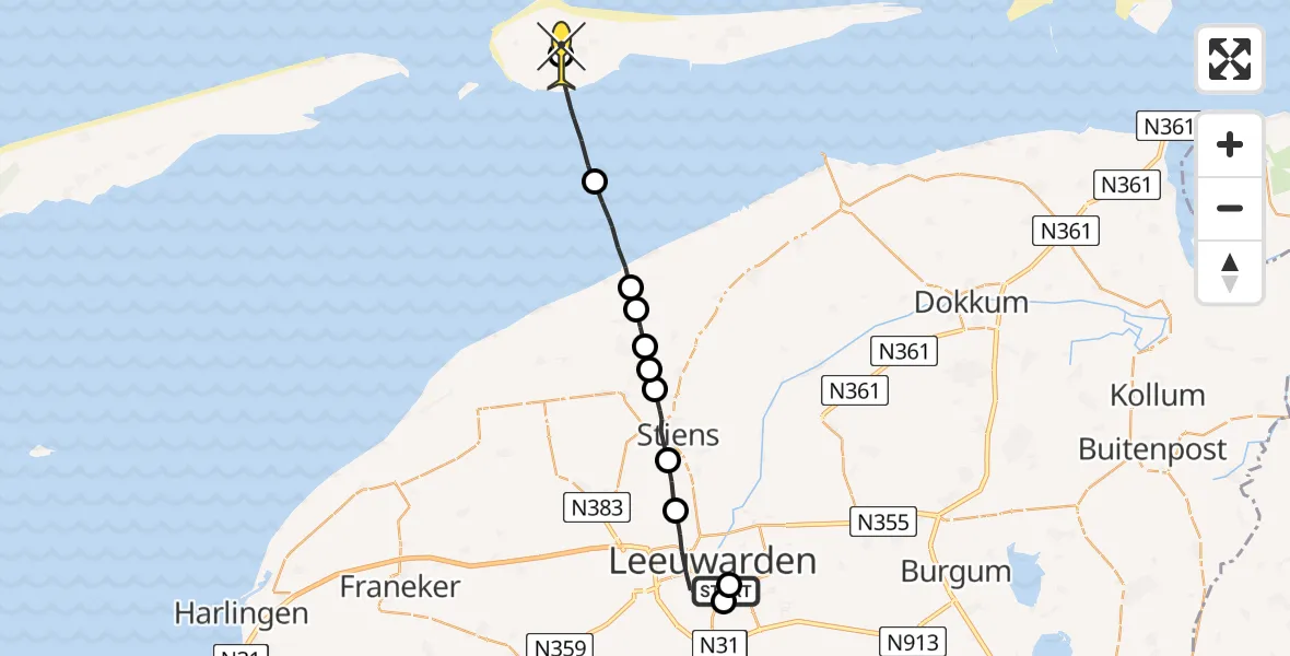 Routekaart van de vlucht: Ambulanceheli naar Ameland Airport Ballum, Henri Dunantweg