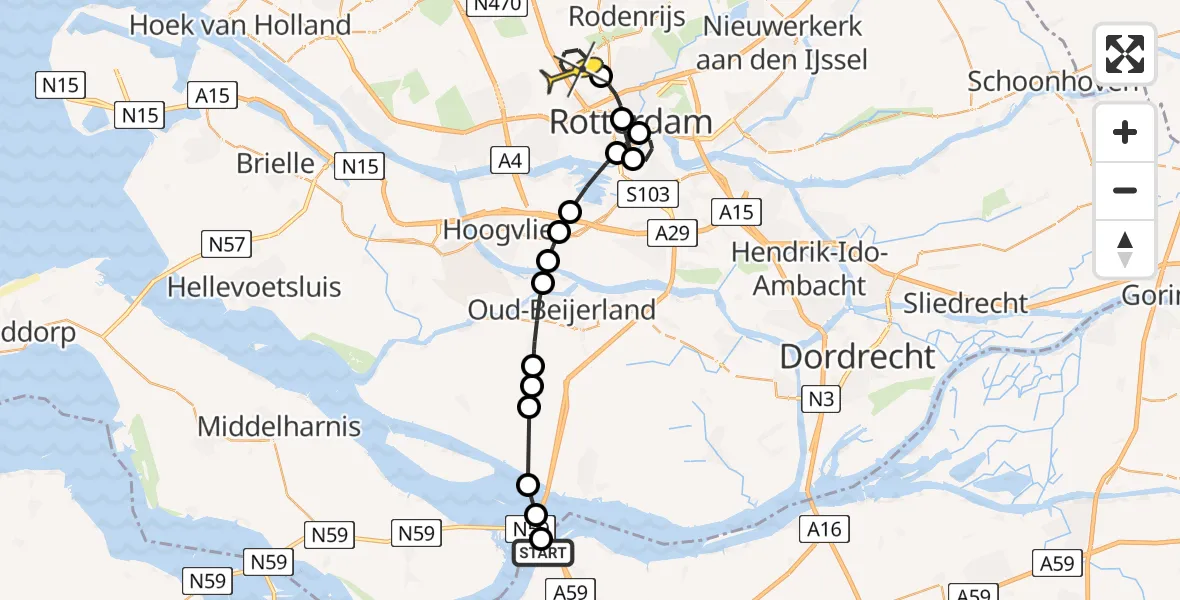 Routekaart van de vlucht: Politieheli naar Rotterdam The Hague Airport, Arlandabaan Platformzijde