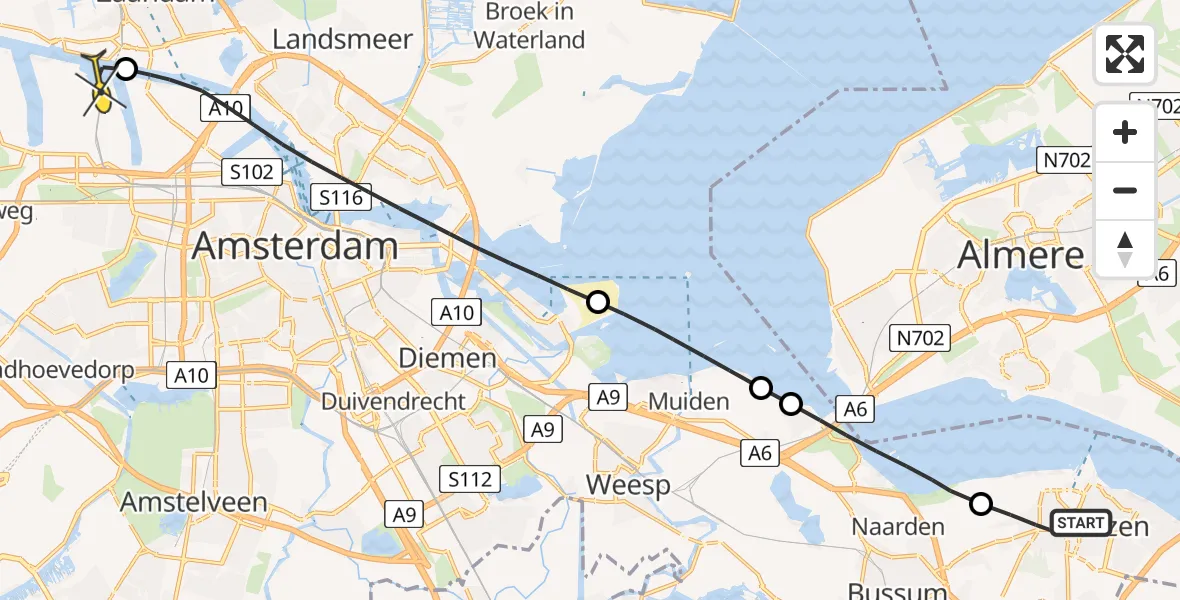 Routekaart van de vlucht: Lifeliner 1 naar Amsterdam Heliport, Naarderstraat