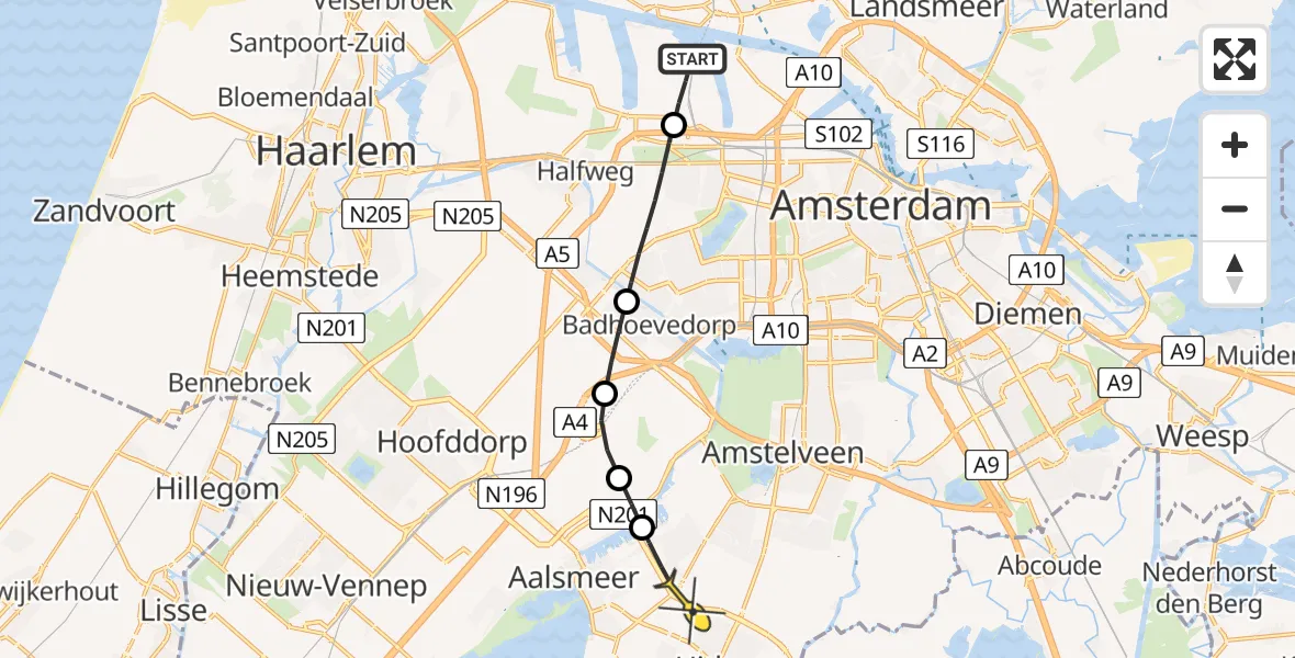 Routekaart van de vlucht: Lifeliner 1 naar Amstelveen, Nieuw-Zeelandweg