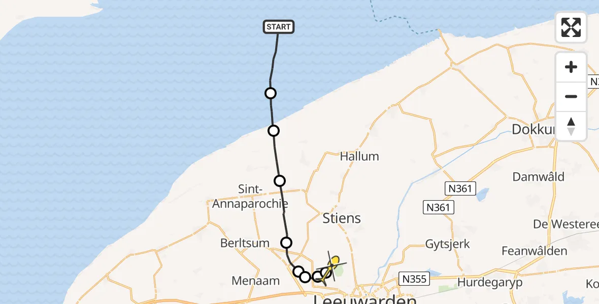 Routekaart van de vlucht: Ambulanceheli naar Vliegbasis Leeuwarden, Keegsdijkje