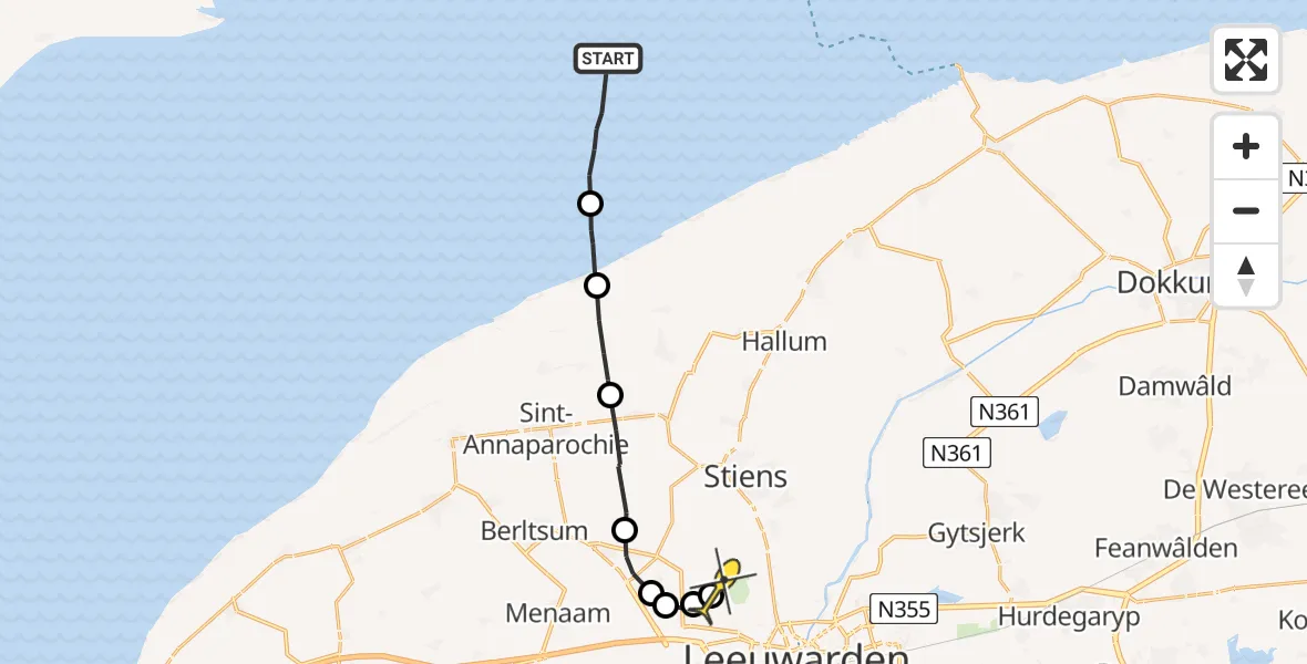Routekaart van de vlucht: Ambulancehelikopter naar Vliegbasis Leeuwarden, Keegsdijkje