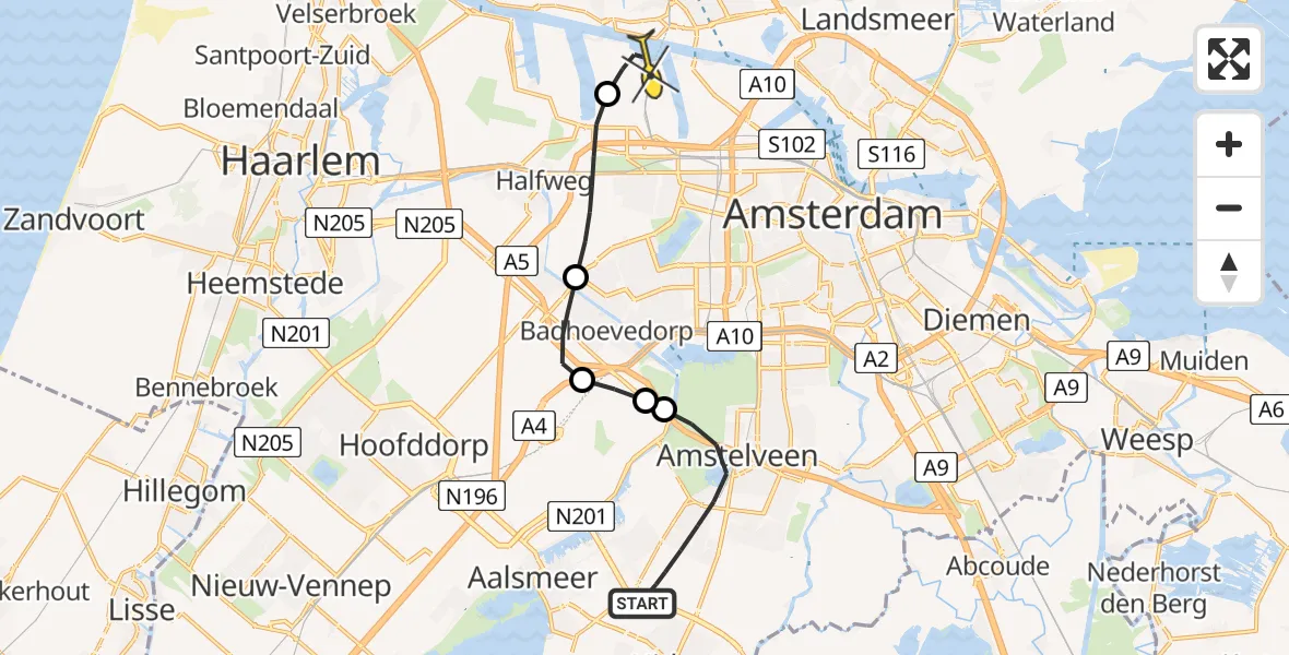 Routekaart van de vlucht: Lifeliner 1 naar Amsterdam Heliport, Loevesteinse Randweg