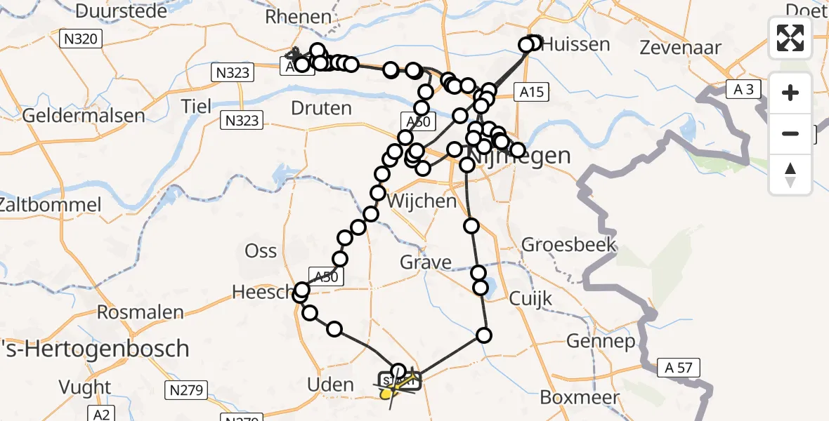 Routekaart van de vlucht: Politieheli naar Vliegbasis Volkel, Trentse Bossen