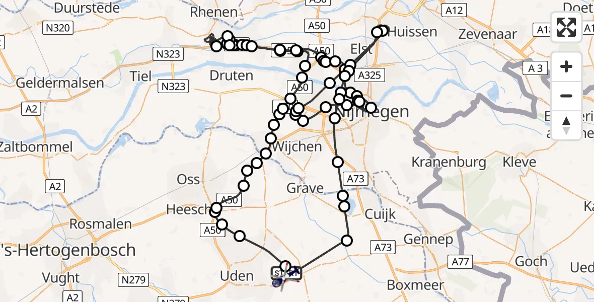 Vluchtroute Politiehelikopter van Vliegbasis Volkel naar Vliegbasis Volkel