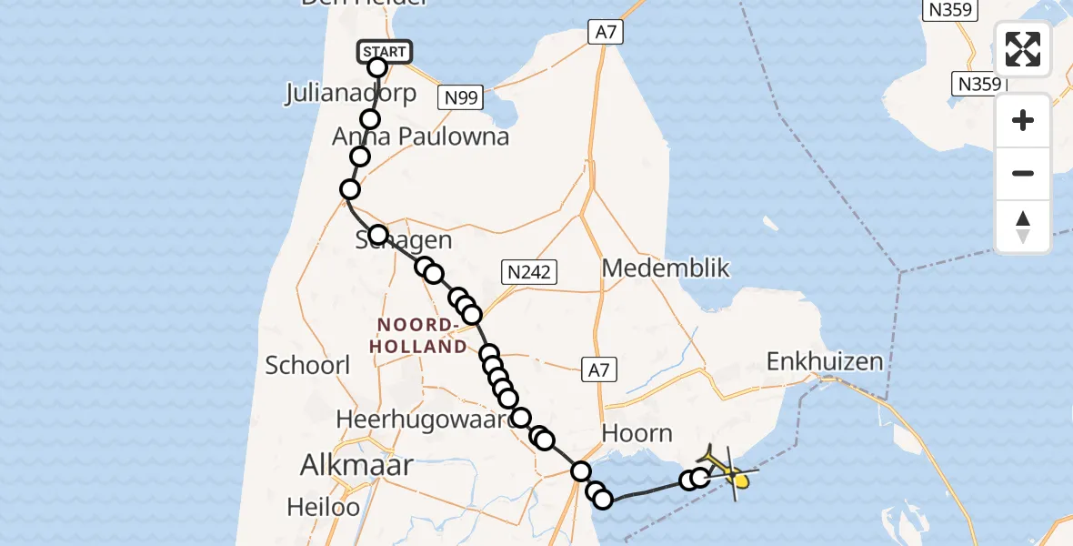 Routekaart van de vlucht: Kustwachthelikopter naar Wijdenes, Kortevliet