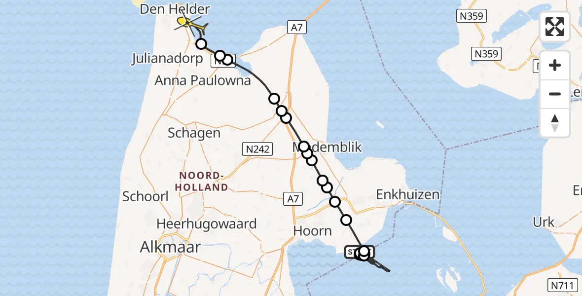 Routekaart van de vlucht: Kustwachthelikopter naar Den Helder, Oostoeverweg