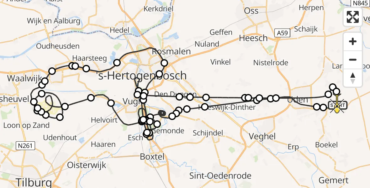 Routekaart van de vlucht: Politieheli naar Vliegbasis Volkel, Rondweg Volkel