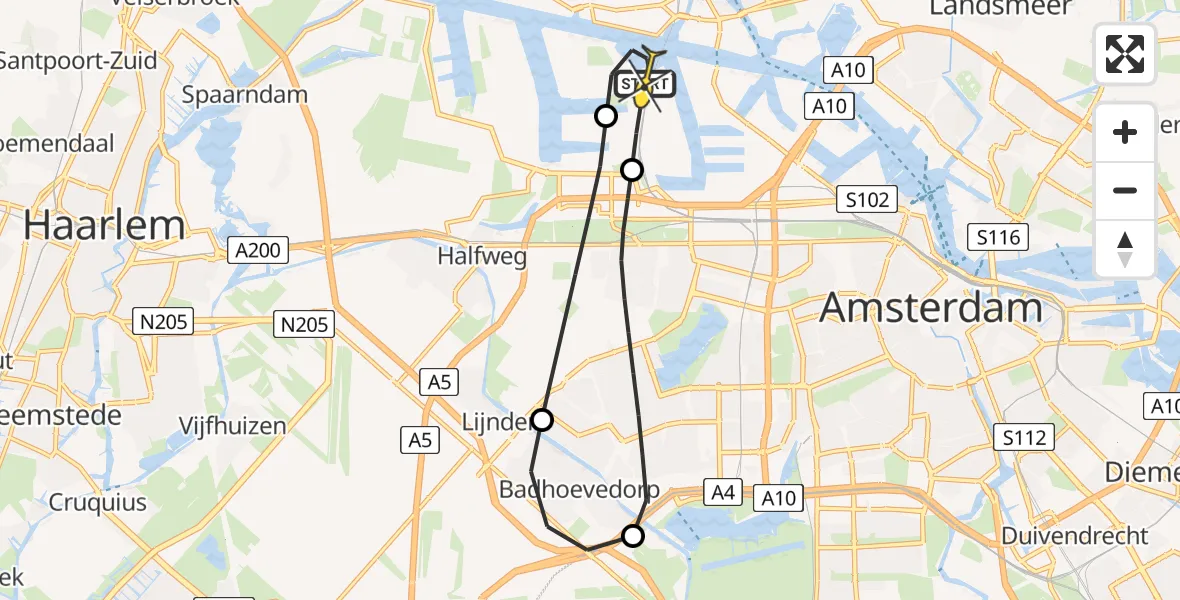 Routekaart van de vlucht: Lifeliner 1 naar Amsterdam Heliport, Nieuw-Zeelandweg