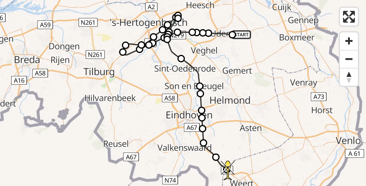 Routekaart van de vlucht: Politieheli naar Weert, Zeelandsedijk