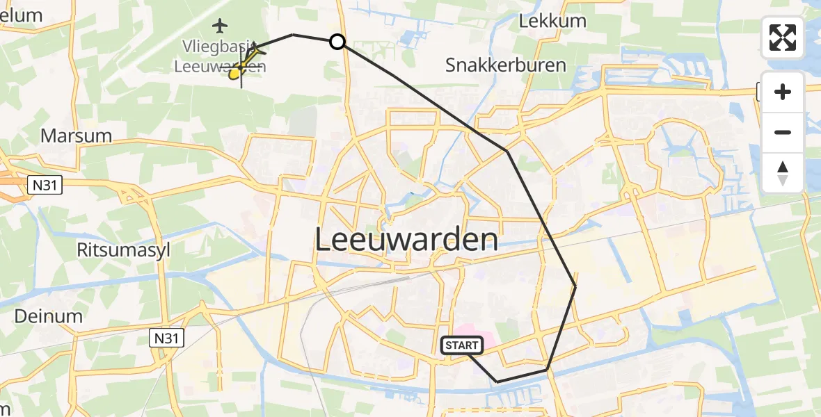 Vluchtroute Ambulancehelikopter van Leeuwarden naar Vliegbasis Leeuwarden