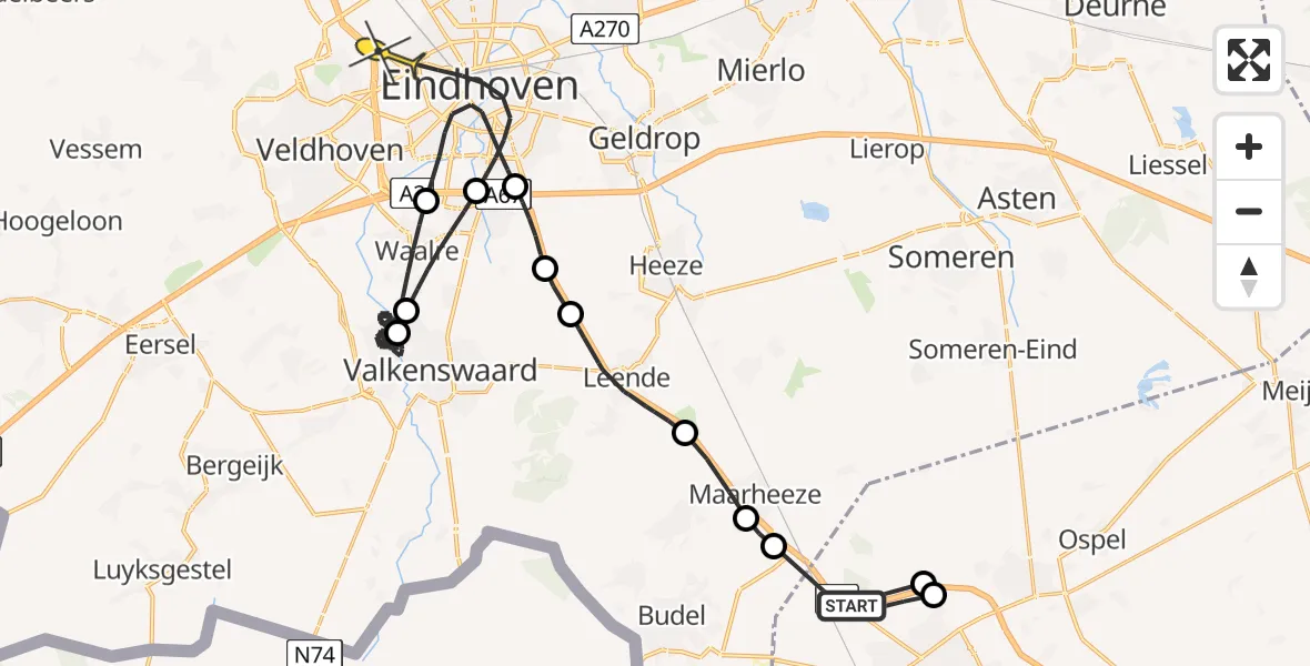 Routekaart van de vlucht: Politieheli naar Eindhoven, Veldweverstraat